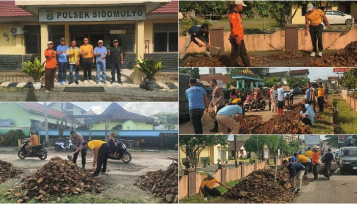 Bersama Warga, Polsek Sidomulyo Timbun Jalan Rusak Berlubang di Ruas Jalan Raya Sidomulyo-Candipiro