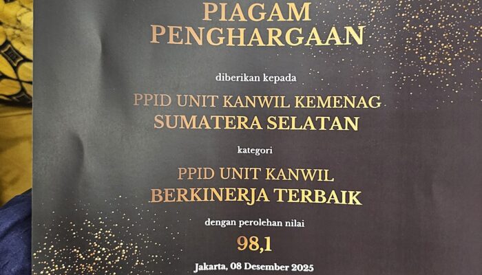 PPID Unit Kanwil Kemenag Sumsel Peringkat 2 Nasional PPID Berkinerja Terbaik