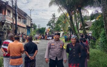 Sinergi Bhabinkamtibmas Desa Tunjuk dan Pecalang Amankan Upacara Ngaben Warga