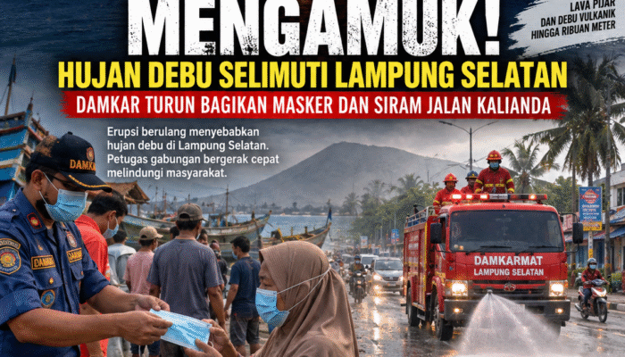 Hujan Debu Anak Krakatau Bikin Lampung Selatan Berdebu, Petugas Bagikan Masker ke Warga